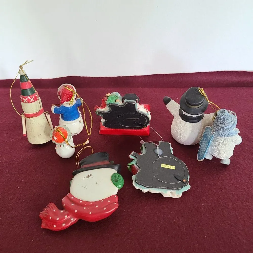 Vintage Winter Snowman Christmas Ornaments and Stocking Hanger Bundle of 8